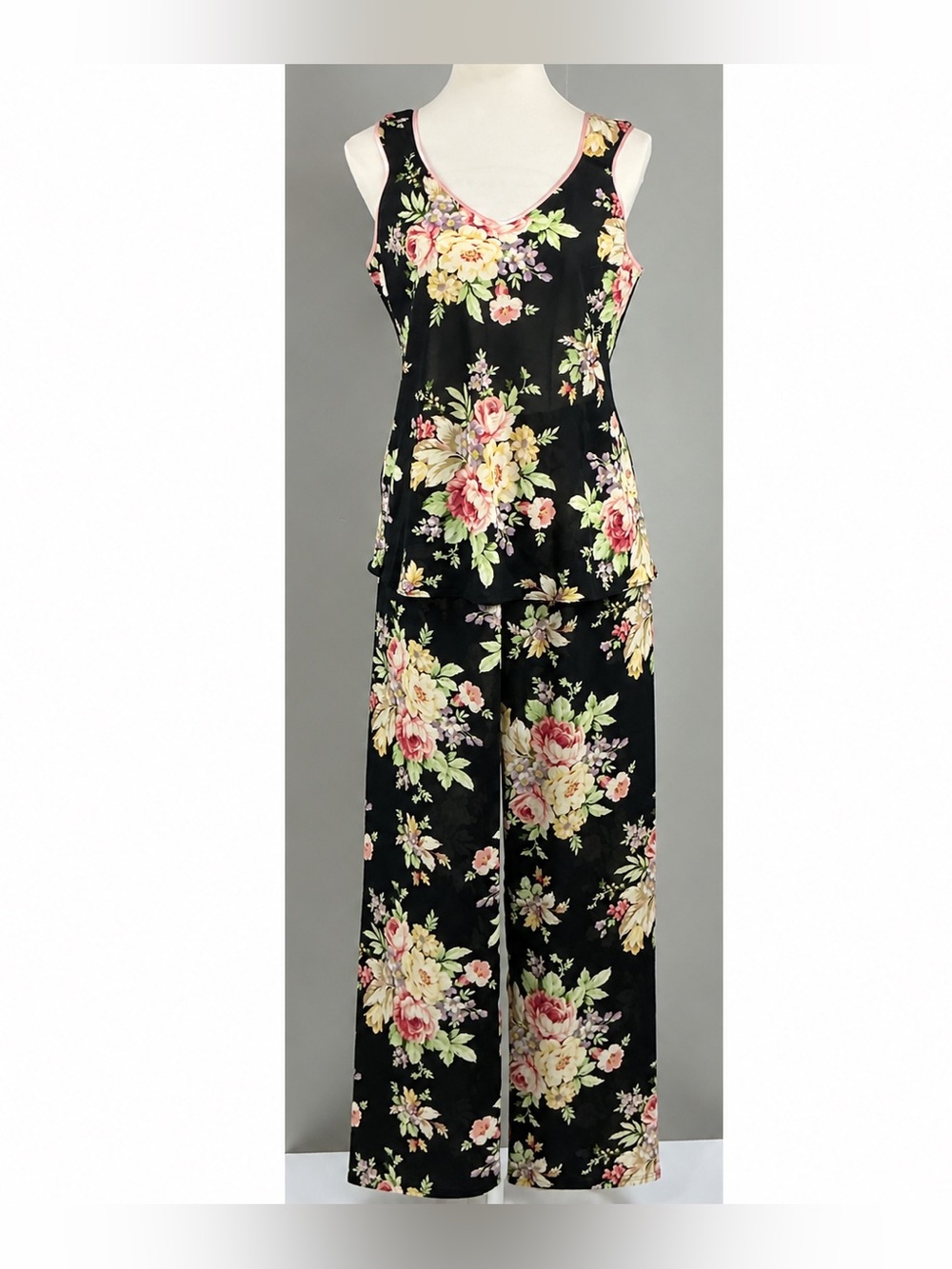 Oscar de la Renta Pink Label Black Floral 2 Piece Pajama Set M